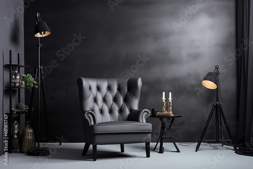 Empty Commercial photo studio with lighting equipment. Interior of modern photo studio with chair and professional equipment