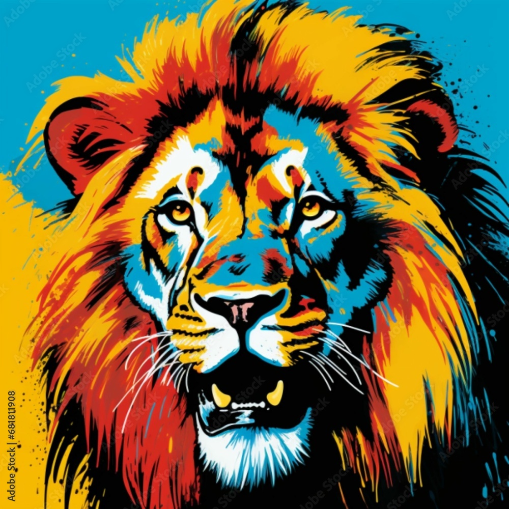 Lion Head | Pop Art | Bright and Pop black and blue colors | dotted background | bold colors, flat surfaces, mass-production | Vibrant, Iconic, Generative AI Lion Head | Pop Art | Bright and Pop black and blue colors | dotted background | bold colors, flat surfaces, mass-production | Vibrant, Iconic, Generative AI