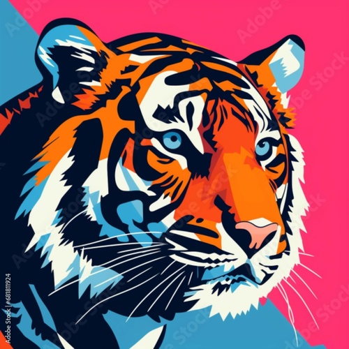 Tiger Head   Pop Art   Bright and Pop black and blue colors   dotted background   bold colors  flat surfaces  mass-production   Vibrant  Iconic  Generative AI
