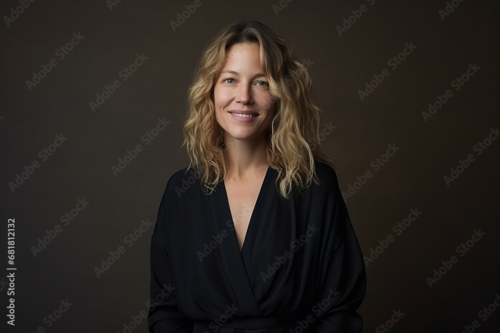 Portrait of a smiling woman wearing a black dress on a dark background Portrait of a smiling woman wearing a black dress on a dark background