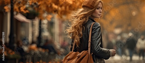 In the bustling city of fall  a fashion trendsetter spotted a vintage brown handbag that perfectly matched her bomber jacket  making the woman a true vision of autumn beauty. With purse in hand  she