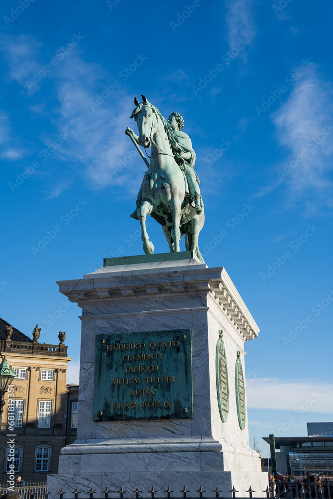 Copenhagen, Denmark - November 18, 2023: Rytterstatuen / Bronze cast equestrian statue of King Frederik V mounted on a marble plinth