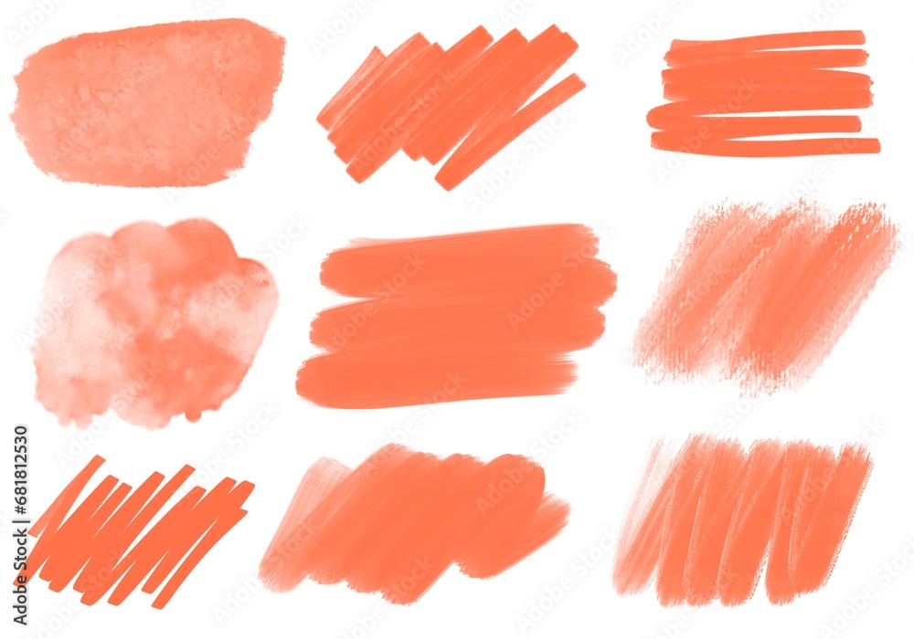 Trend apricot color markers and watercolor stripes on white background