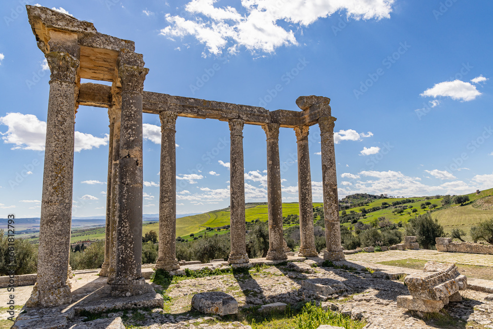 Temple of Juno Caelestis at the Roman ruins in Dougga, Tunisia. - obrazy, fototapety, plakaty 
