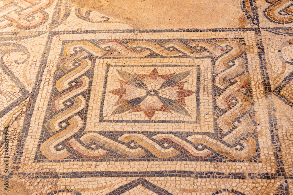 Mosaic floor at the Roman ruins. in Dougga, Tunisia.