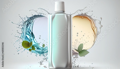 natural cosmetic blank bottle packaging water splash essence care promotion container skin glistering beauty product cream luxury advertisement collagen three-dimensional element facial commercial photo
