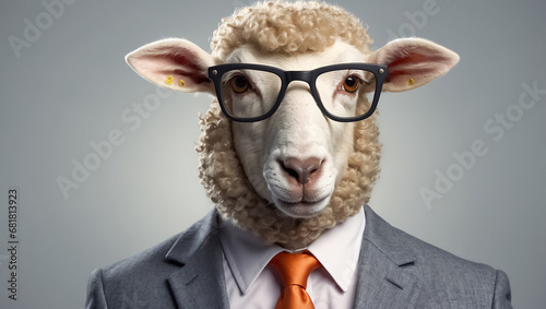 Portrait of a sheep with glasses and a business suit
