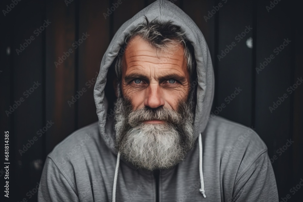Portrait of a bearded man in a gray sweatshirt with gray hair.