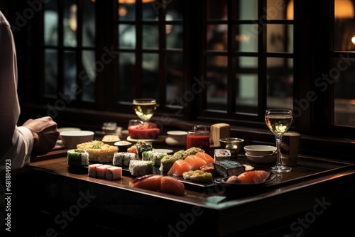 The aesthetics of Japanese cuisine. Sushi. Rice with vinegar seasoning. Various seafood. Delicottes. Tasty food. Seasonings and spices. Sashimi Rolls Ramen Pok  .