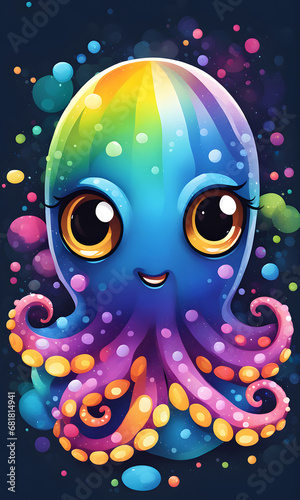 Octopus Colorful Watercolor Animal Artwork Digital Graphic Design Poster Gift Card Template