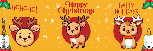 Cute Reindeer  Merry Christmas and Happy New Year  Collection Christmas Banner  Greeting Card. Holiday Cartoon Animal Character in Winter Season  Vector