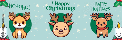 Cute Reindeer Collection Christmas Banner  Merry Christmas and Happy New Year Greeting Card. Holiday Cartoon Animal Character in Winter Season  Vector