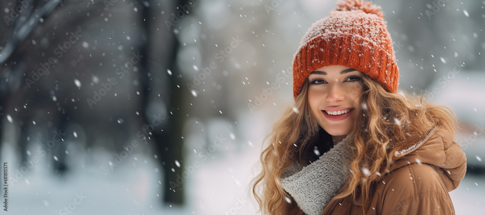 Portrait of a cheerful beautiful young woman in warm clothes. Outdoor. Winter snowing weather. Smiling and calm. Banner with place for text. Urban snowing winter fashion concept. Generative Ai content Portrait of a cheerful beautiful young woman in warm clothes. Outdoor. Winter snowing weather. Smiling and calm. Banner with place for text. Urban snowing winter fashion concept. Generative Ai content