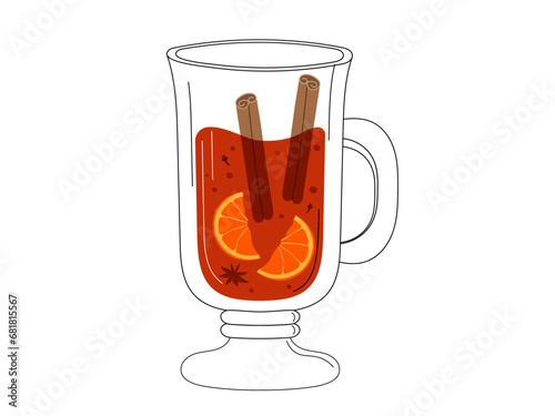 Hot mulled wine with cinnamon and orange. Cozy drink vector illustration of hot wine
