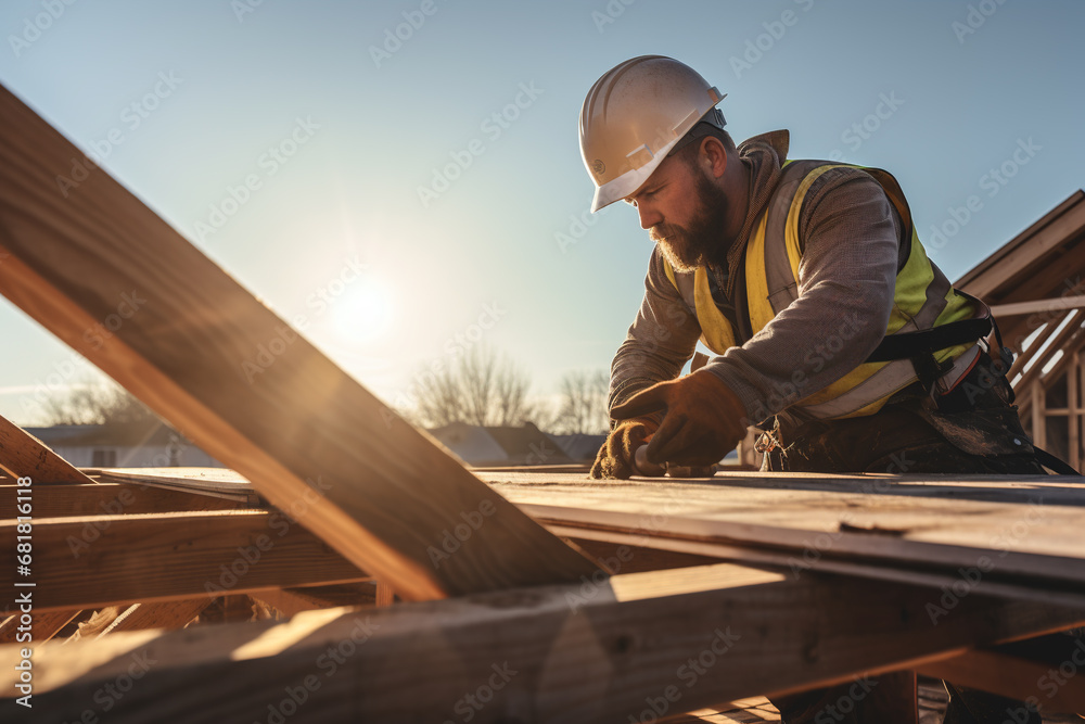 worker roofer builder working on roof structure on construction site. Construction Worker on Duty. Caucasian Contractor and the Wooden House Frame. Industrial Theme - obrazy, fototapety, plakaty 