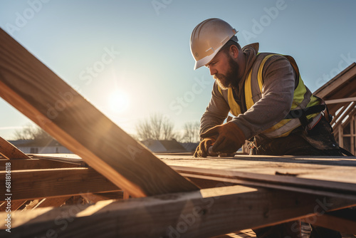 worker roofer builder working on roof structure on construction site. Construction Worker on Duty. Caucasian Contractor and the Wooden House Frame. Industrial Theme photo