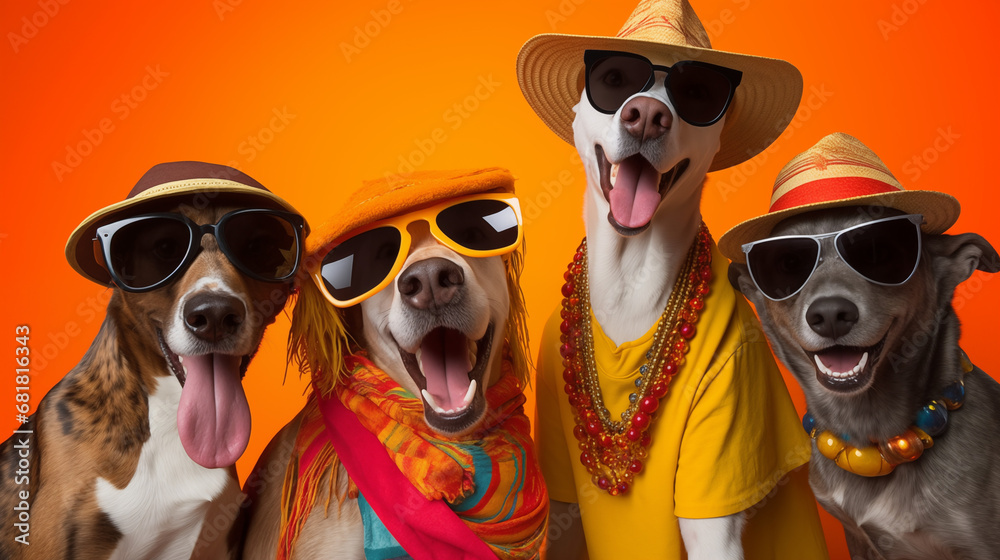 Cheeky Dogs in Party Theme Against Vibrant Orange Background