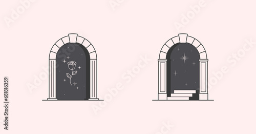 Vector mystic logo design templates with portals,steps,magic flower and stars.Surreal abstract illustrations in trendy minimal outline style.Celestial emblems.Branding design templates.