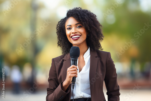 Successful African-American female news reporter in suit working outdoors in park environment holding microphone in live broadcasting. Speaking concept photo