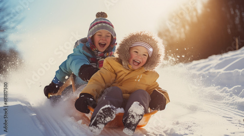 Children sledding down a snowy hill, AI Generative.