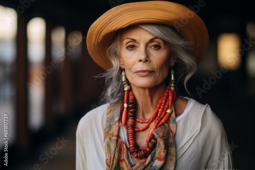 Portrait of a beautiful senior woman in hat and scarf outdoors.