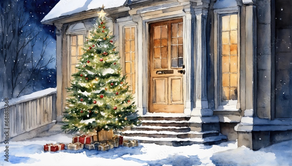 Fototapeta premium christmas, tree, garland, gift, light, merry, star, garlands, gifts, lights, golden, red, green, yellow, snow, happy, celebration, decoration, winter, xmas, holidays, box, present, digital, painting