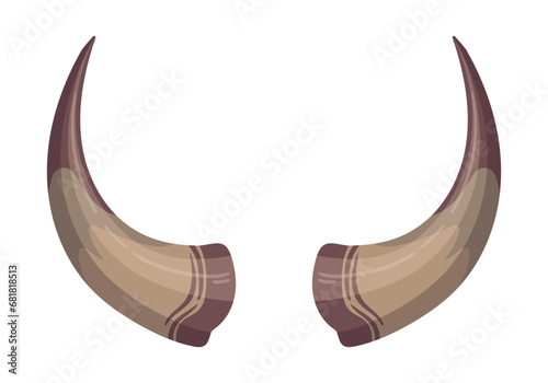 Cartoon bull horns. Wild mammal antlers  hunting trophy  bull horn isolated flat vector illustration. Ungulate animal horns