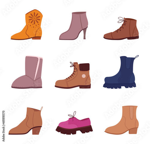 Cartoon footwear. Female uncle boots, heels, chelsea and winter boots flat vector illustrations set. Fall winter trendy footwear