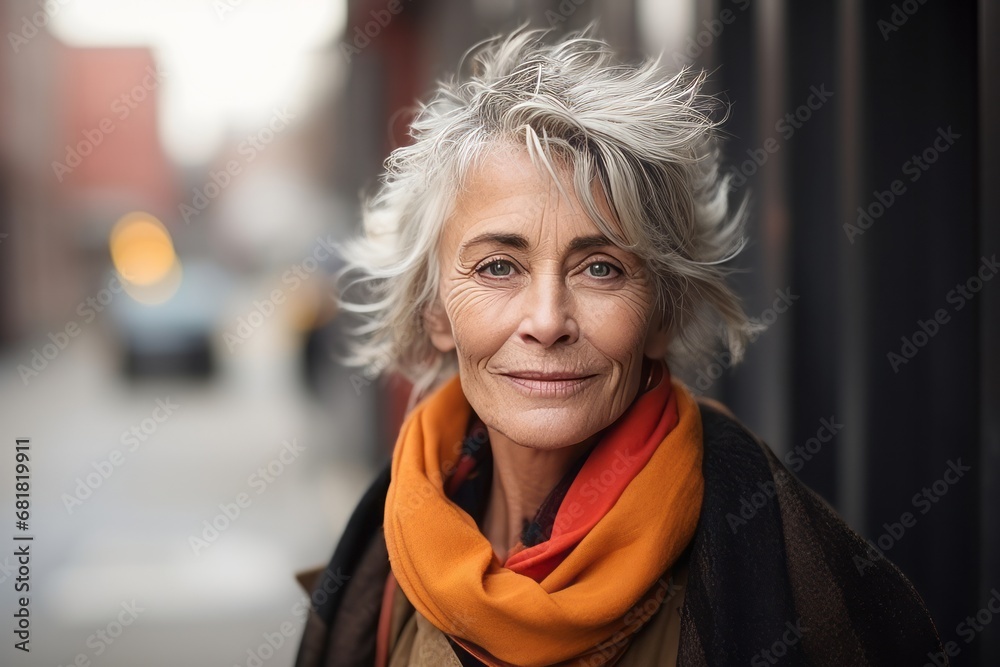 Portrait of a senior woman with scarf in a city street. Portrait of a senior woman with scarf in a city street.