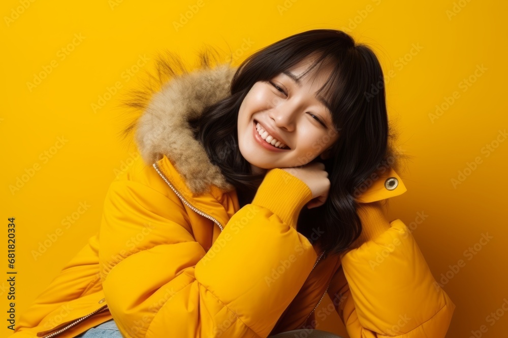 young happy and beautiful chinese woman in winter jacket smiling cheerful on yellow background young happy and beautiful chinese woman in winter jacket smiling cheerful on yellow background