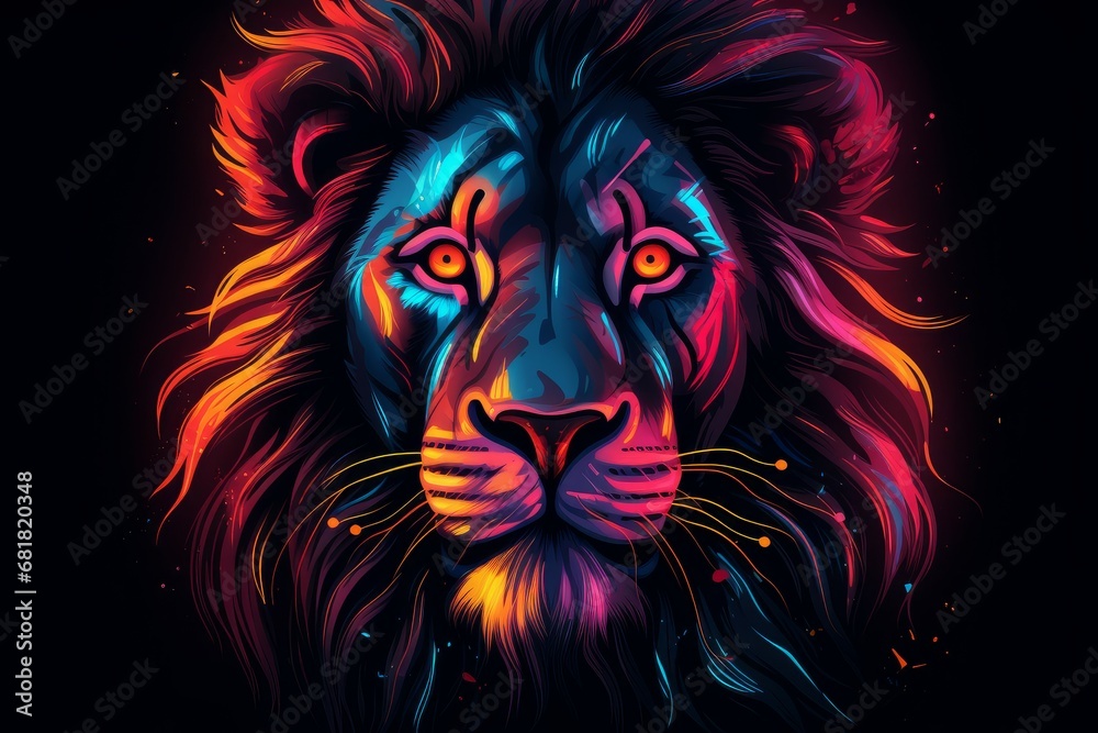 Head of lion with neon style. Wildlife predator. Generate Ai