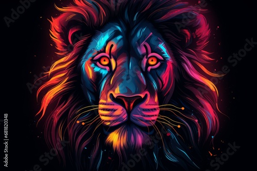 Head of lion with neon style. Wildlife predator. Generate Ai