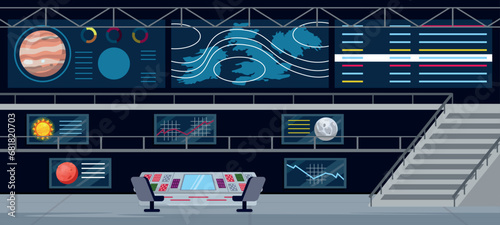 Vector illustration inside a spaceship. Cartoon scene of a spaceship interior with various screens depicting graphs  research  measurements  planets of the solar system  equipment .