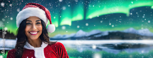 Christmas woman in Santa hat on white winter snowy with northern lights background. Multiracial beautiful laughing girl portrait with copy space.