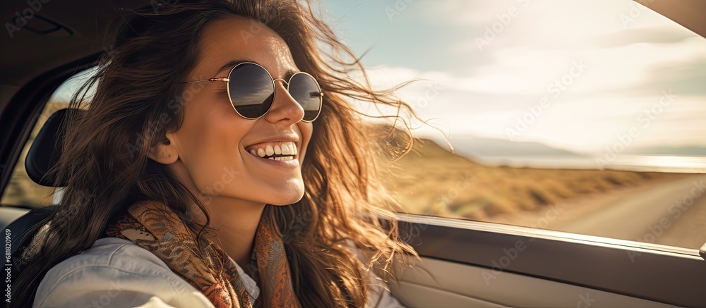 The elegant woman slid her hand out of the car window, feeling the warm breeze on her face as she embarked on a thrilling road trip adventure, armed with a certificate of completion for defensive - obrazy, fototapety, plakaty 