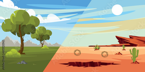 Vector illustration comparing living nature and desert. Cartoon nature scene with blue sky, clouds, green trees, trove, bushes, mountains and desert with boulders, cacti, thorn, sand, crack and sun.