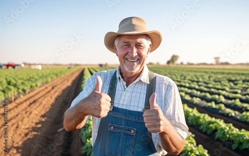 A farmer facing to the camera on a field giving thumbs up photo