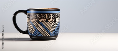 In a captivating vintage design, a wooden cup with a black and blue art pattern is adorned with a textured decoration, set against a white background isolated from the bustling world. This beautiful