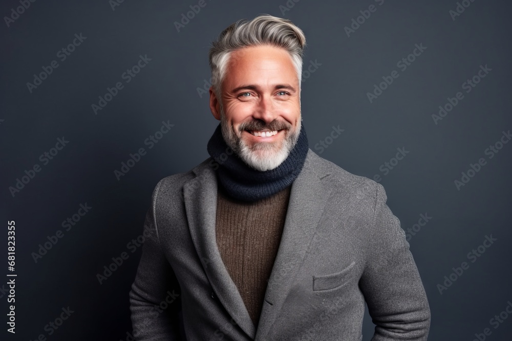 Portrait of a handsome mature man in coat and scarf smiling at camera while standing against grey background Portrait of a handsome mature man in coat and scarf smiling at camera while standing against grey background