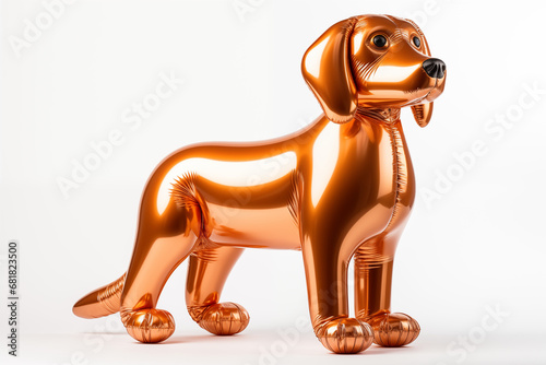 A golden balloon-like dog sculpture with a reflective surface, set against a black background, crafted to capture light and shadow artfully.