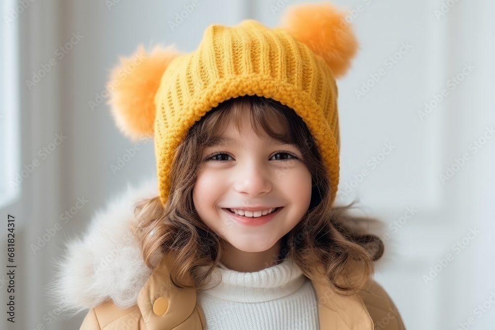Portrait of a cute little girl wearing a yellow hat and coat Portrait of a cute little girl wearing a yellow hat and coat