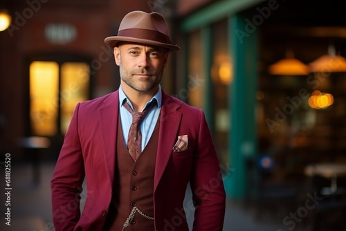 Portrait of a handsome man wearing suit and hat standing on a city street