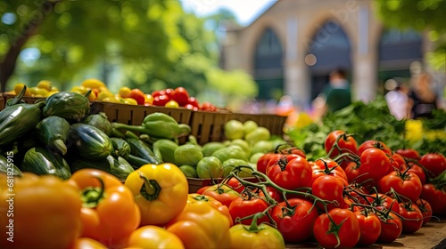 background, a bustling farmers market could be seen with shoppers selecting their favorite fruits and vegetables, surrounded by the vibrant green leaves of the garden. The aroma of fresh food filled photo