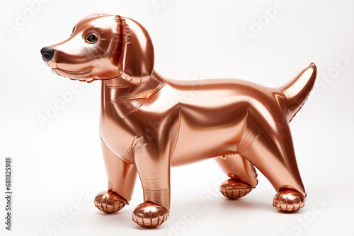 An image of a metallic, copper-colored balloon-like dog sculpture, detailed with realistic features and set against a pristine white backdrop.