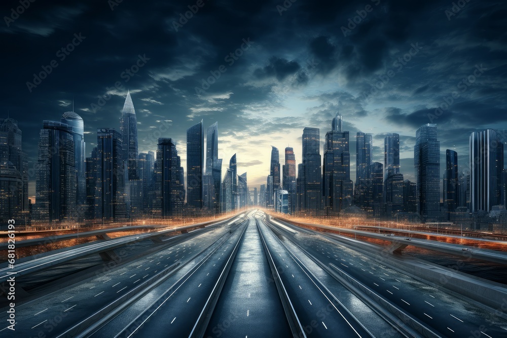 Fototapeta premium Modern Highway leading metropolis. Transport travel. Generate Ai