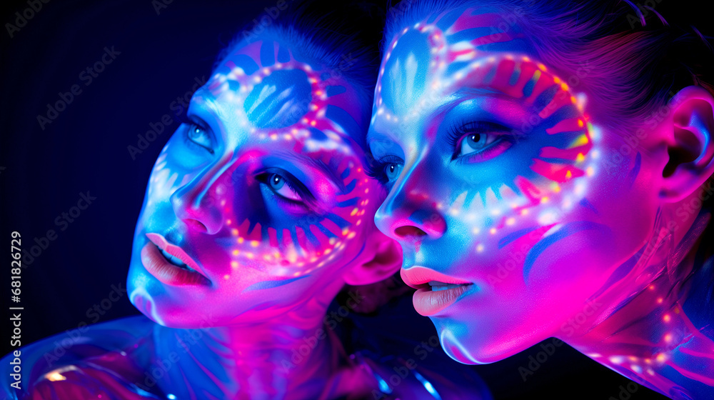 TWO FANCY DISCO DANCERS MOVE IN UV SUITS. NIGHT CLUB. legal AI