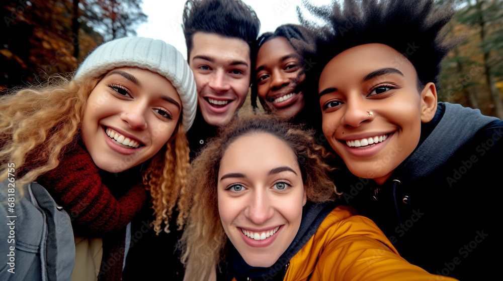 MULTIETHNIC HAPPY GROUP OF YOUNG PEOPLE TAKING SELFIE. legal AI	