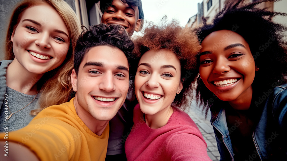 Fototapeta premium MULTIETHNIC HAPPY GROUP OF YOUNG PEOPLE TAKING SELFIE. legal AI 