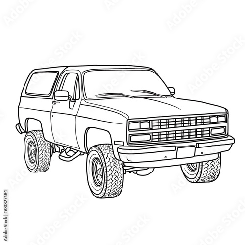 Classic luxury american suv car. Crossover car isometric view shot. Outline doodle vector illustration. Design for print, coloring book, Isolated on White Background