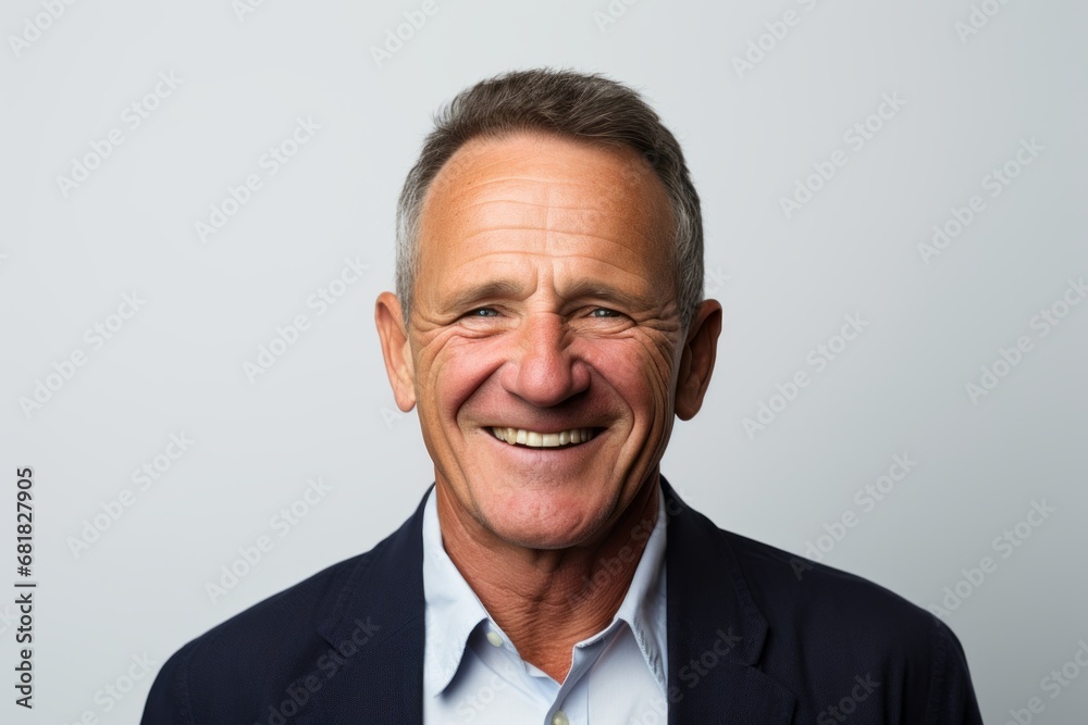 Portrait of a senior man laughing against a grey background with copyspace